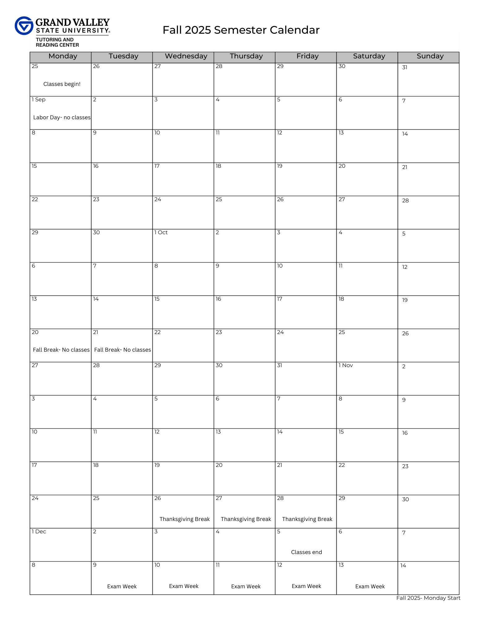 Fall 2025 Semester Calendar